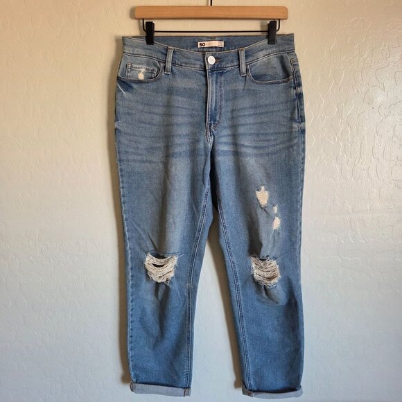 SO Low-Rise Boyfriend Ankle Jean Blue Distressed Denim Size Juniors 9 Rolled Hem - Picture 1 of 9